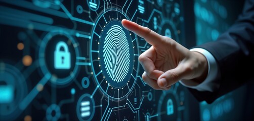 Businessman touches futuristic fingerprint id interface for personal data access. Tech person verifies personal info with biometrics. Cyber security concept. Secure transaction using digital id.