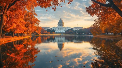 The United States Capitol building reflecting on water during autumn 