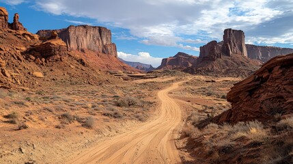Fototapeta premium Winding Trail Through Rocky Desert Landscape Under Blue Sky - Majestic and Serene Natural Beauty
