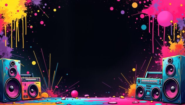 Colorful 90s party backdrop. Retro boombox and speakers are on painted surface. Vivid colors and paint splashes create nostalgic disco theme. Perfect for 90s themed party or birthday celebration.