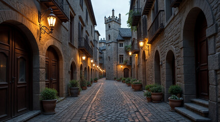 Fototapeta premium Charming medieval town street with stone buildings and lanterns at dusk