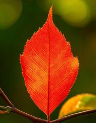 Close up view of a glowing red orange autumn leaf illuminated by soft sunlight with a blurred green background. Generative AI