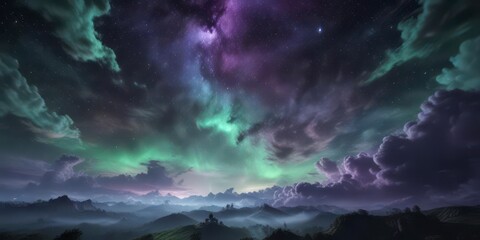 Fototapeta premium Celestial night sky with swirling clouds of purple and green, purple, cloud