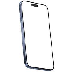 Blue smart phone 15 mockup template. Transparent png. Blank screen. Frame only. Isometric
