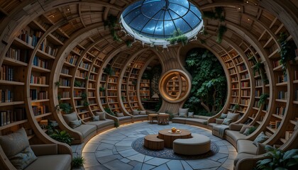 Obraz premium Unique Library Interior with Bookshelves and Starry Ceiling
