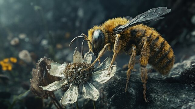 Close-up of a bee on a withered flower.