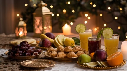 Traditional Iftar Table with Lanterns and Ramadan Snacks, Ramadan Feast Setup with Lanterns and Delicacies, Authentic Middle Eastern Iftar Table with Warm Lighting