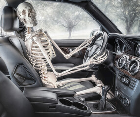Skelett am Lenkrad