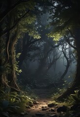 Dark forest floor covered in tangled vines and exotic leaves, with faint moonlight filtering through the canopy above, ,  twilight shadows