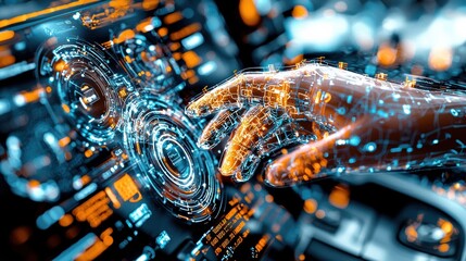 Fototapeta premium Futuristic hamster in robotic suit navigates through a neon-lit laboratory filled with high-tech gadgets