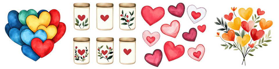 Fototapeta premium Valentine day concept. Colorful heart decorations and jars, perfect for celebrating love and romance, on a white isolated background.