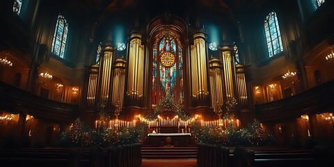 Majestic church interior with ornate pipe organ and stained glass.