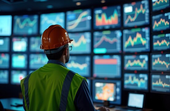 Engineer observes multiple monitors displaying data in control room. Technician monitors system performance from various screens. Monitoring complex system metrics. Focused operator at work station.