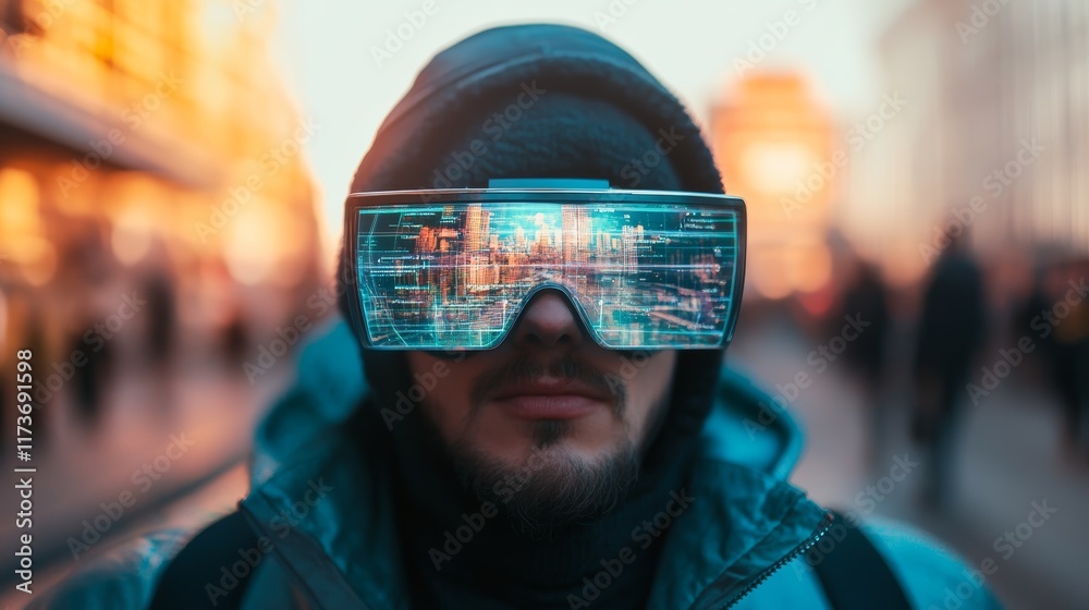 Aufkleber Man wearing smart glasses showcases a futuristic navigation interface featuring an online map and data analysis while exploring an urban environment enriched by technology