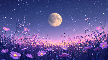 Fototapeta premium Radiant moon rising above blooming flower field with twinkling stars, meadow flowers, starlight. Moonrise. Illustration