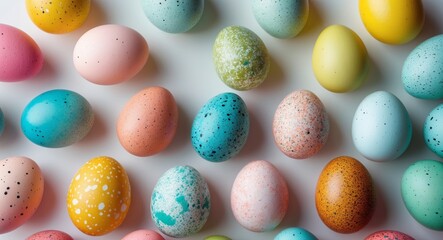 Colorful speckled eggs arranged in a vibrant display for spring festivities