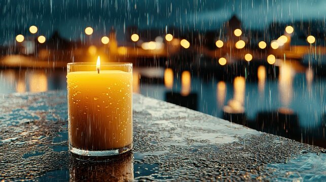 Mourning candle flickers on windowsill during rainy evening with cemetery view