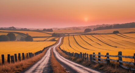 Fototapeta premium Winding country road through golden fields at sunset in rural landscape