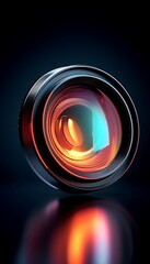 A close-up view of a camera lens reflecting vibrant colors.