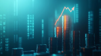 Stacks of coins with an upward trending arrow in the background representing positive growth and investment in a financial market setting with binary code