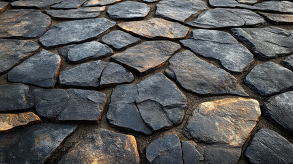 Fototapeta premium A flagstone pattern with dark grey pieces of stone and a beige sandy thin grout, photorealistic, hyperrealistic.