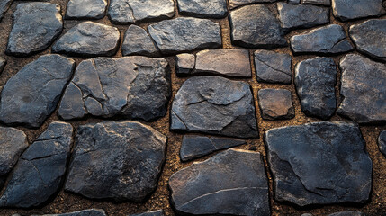 Fototapeta premium A flagstone pattern with dark grey pieces of stone and a beige sandy thin grout, photorealistic, hyperrealistic.