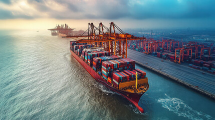 A large container ship is docked at the port, with cranes unloading containers from it. The harbor and cargo ships create an industrial atmosphere. In front of them lies open water under a blue sky. 