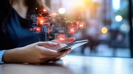 Person engaging with digital content vibrant urban setting smartphone interaction modern environment close-up view connectivity concept