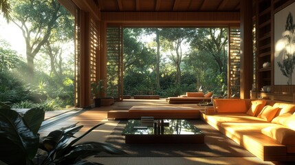 Fototapeta premium Sunlit modern living room with forest view.