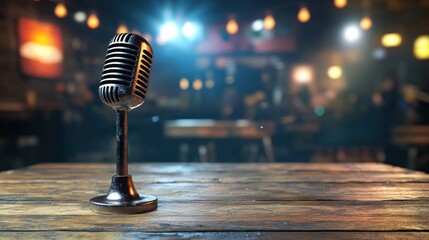 Vintage Microphone on Wooden Table in a Blurred Bar Background