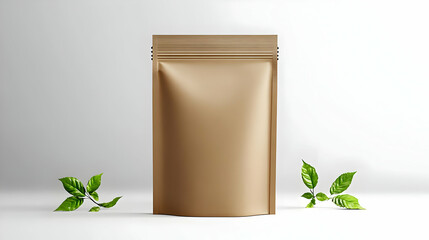 Mockup of a gold stand-up pouch with green leaves on white background.