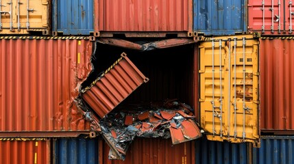 Damaged cargo container stack in shipping yard industrial environment close-up view on structural integrity