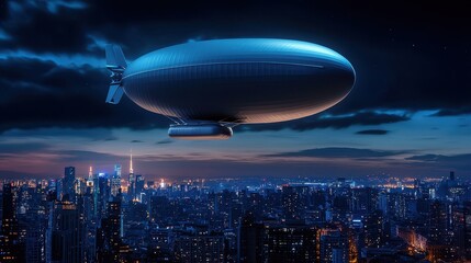 Fototapeta premium Futuristic airship transporting goods over urban skyline at night aerial view modern concept