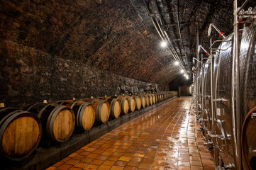 Second fermentation in barrels, traditional method of production of cremant sparkling wine in south part of Luxembourg country on bank of Moezel, Mosel river.