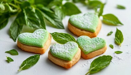 Delicious handmade cookies decorated with green hearts on a white background.