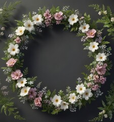 Floral wreath with delicate flowers and lush greenery,  wedding stationery,  botanical