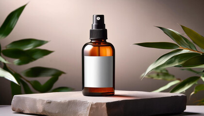 a mockup of a blank label on an amber glass spray bottle rests on a stone podium