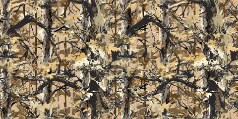 Real tree forest camouflage seamless pattern design for hunting and military uniform. Hunting camouflage background texture