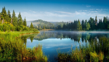 Obraz premium a relaxed and quiet lake in the morning mild surrounded by means of a wooded area small polissya ukraine europe