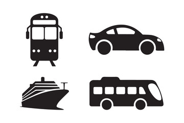 Set of Transportation Icons Featuring Car, Train, Ship, and Bus