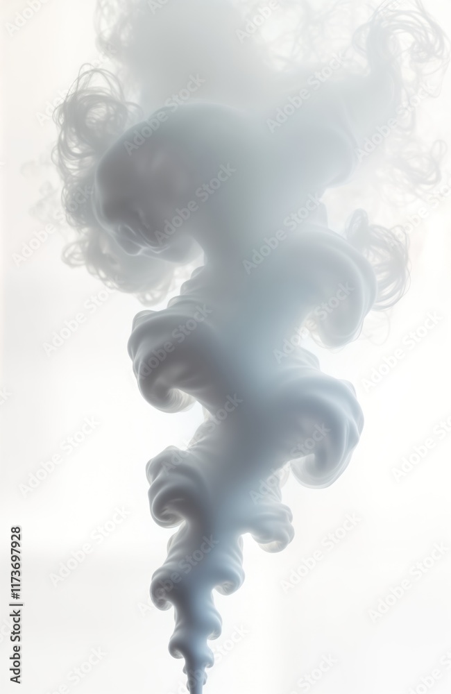 Poster abstract white smoke fog forms swirling patterns. intricate cloud-like structures float against plai