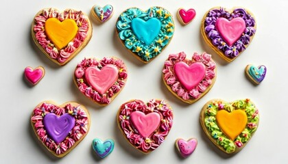 Fototapeta premium Assorted cookies in the shape of hearts decorated with multicolored icing on a white background