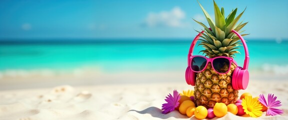 Pineapple with sunglasses and headphones sits on beach. Tropical summer vacation. Colorful flowers and fruits around it. Sunny day and turquoise sea. Relaxing summer vibe. Fun and creative image.