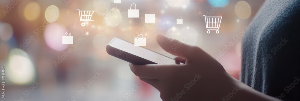 Poster woman is holding a smartphone, browsing an online store with virtual shopping cart and bag icons flo