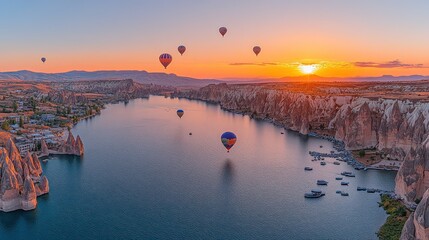 Fototapeta premium Sunrise hot air balloons over river valley.