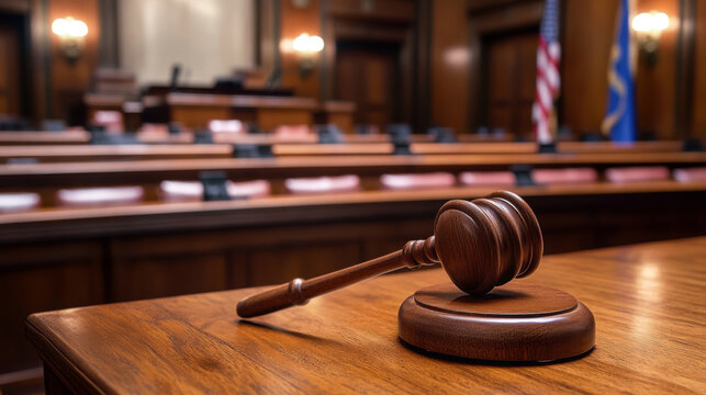 Courtroom proceedings justice served legal arena gavel on desk professional environment