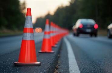 Roadside traffic cones signal DUI checkpoint. Law enforcement control traffic flow on roadway. Cautionary markers direct drivers. Evening light illuminates scene. Road safety initiative. Alert