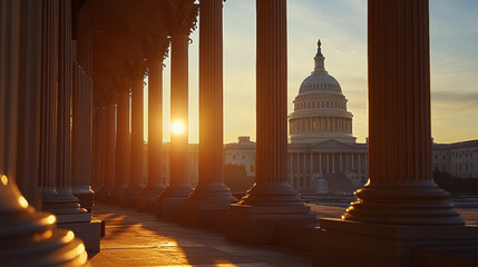 Sunset behind columns at the capitol building washington d.C. Architectural photography