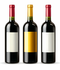 Three wine bottles with blank labels; red, gold, and white; isolated on white background.