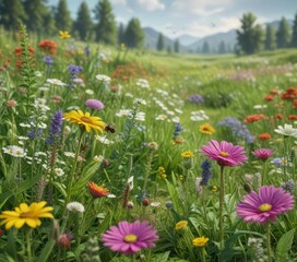 Obraz premium Green seamless border with vibrant summer meadow flowers and insects, outdoors, garden
